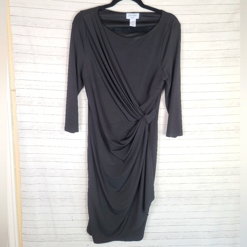 CARMEN MARC VALVO BLACK FAUX WRAP 3/4 SLEEVE KNEE LENGTH DRESS, SZ LARGE